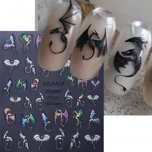 1pcs Metallic Silver Chameleon Dragon Nail Art Stickers Evil Bat Flying Dragon Designs Halloween Embossed Nail Decals Decoration