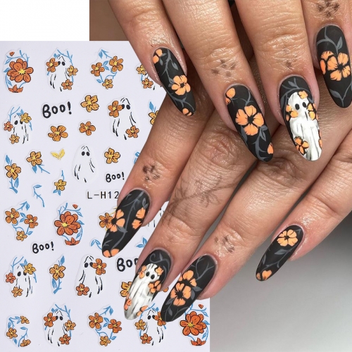 1Pcs Halloween Embossed Ladybug Nail Art Self-Adhesive Stickers Golden Frame Ghost Spider Pattern with Gold Embellishment for Nail Sticker