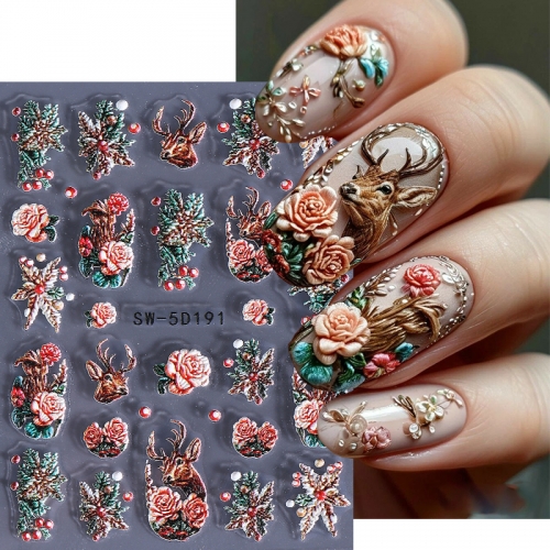 1Pcs Winter Christmas Nail Art Stickers 5D Embossed Self-Adhesive Christmas Tree Snowflake Elk Deer Flower Nail Decal for DIY Christmas Nail Sticker