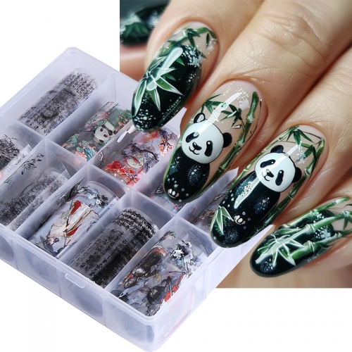 1Box Nail Foils Chinese Character Bamboo Mountain Plum Blossom Flower Transfer Nail Sticker Adhesive Gel Polish Nail Decoration