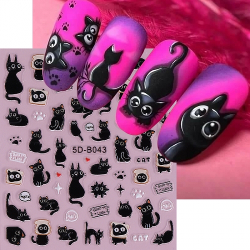 1Pcs Cartoon Black Cat Nail Slider Cute Sweet Pink Claw Self Adhesive Sticker Lovely Star Moon Fish Bone DIY Decals Decor Nail Sticker