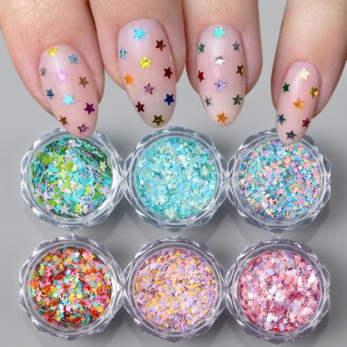 6jars/set Star Nail Glitter - Cute DIY Nail Art Sequin Design Decoration for Nail Salon Professional Nail Accessories