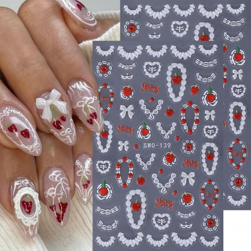 1Pcs Embossed Nail Stickers 3D Cute Sweet Cherry Bow Strawberry Rose Cream Design Nail Decals DIY Manicure Decoration Nail Sticker