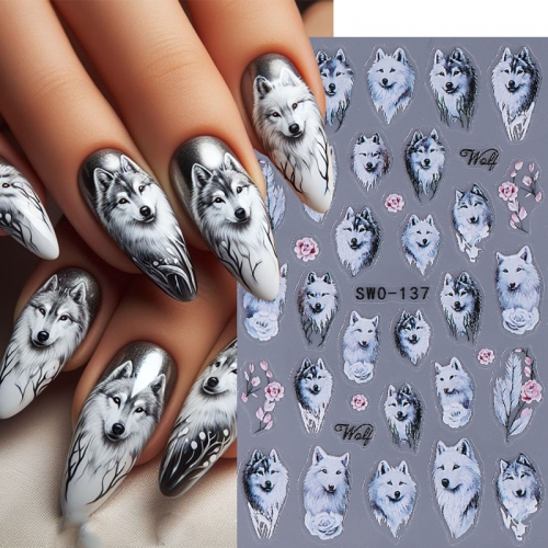1Pcs 3D Nail Stickers Winter Wolf Snowflake Rose Design Self Adhesive Sliders Nail Art Decals Manicure Decoration Nail Sticker