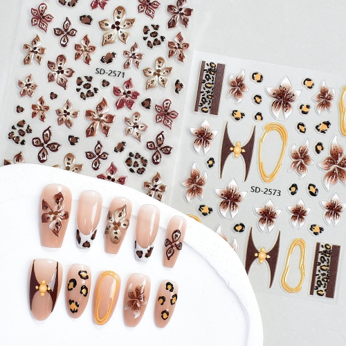 1Pcs Winter Leopard Print Flower Nail Art Stickers 5D Self-Adhesive Butterfly Floral Nail Decals DIY Manicure Decorations Nail Sticker