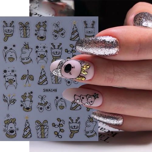 1Pcs Glitter Cartoon Christmas Nail Stickers Gold Silver Reindeer Cat Glove Xmas Tree Nail Slider Decals DIY Manicure Decoration Nail Sticker