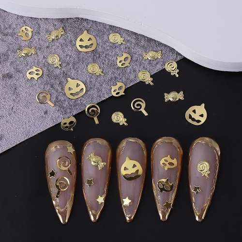 1Box Lovely Halloween Gold Metallic Nail Decals Ultra-thin Flakes Metal Nail Studs Slices Nail Charms DIY 3D Nail Decorations
