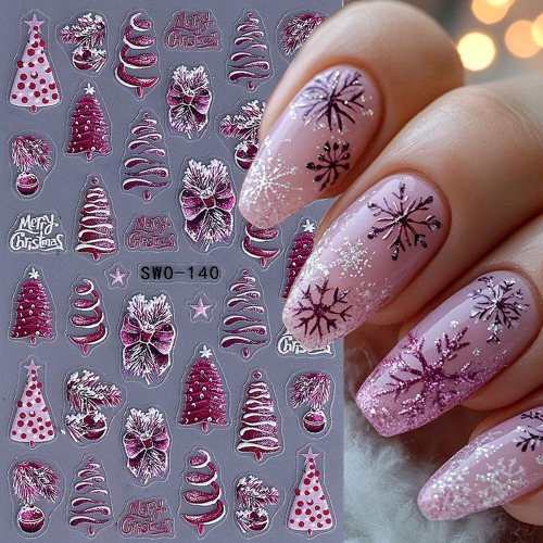 1Pcs Christmas Nail Art Stickers Self-Adhesive Purple Xmas Tree Bow Lamp Ball Snowflake Nail Decals Manicure Accessories Nail Sticker