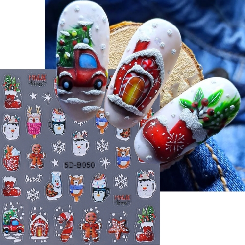 1Pcs 5D Colorful Cartoon Nail Sticker Santa Claus Elk Snowflake Ribbon Christmas For Decorating Nail Art Accessories Stickers