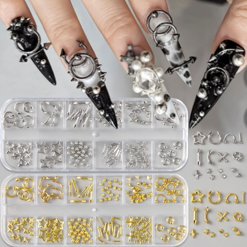 1box Gothic Punk Retro Metal Nail Jewellery 3D Gold Silver Nail Rhinestone Accessories DIY Glamour Nail Decoration
