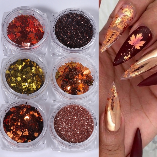 1bor or1set Golden Maple Leaves Sequins for Nails Shiny Yellow Red Sugar Nail Powder Autumn Winter Resin Flakes Charm Nail Decoration