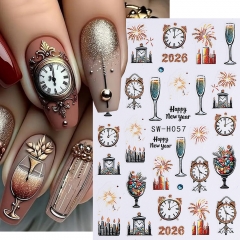 1Pcs 2026 New Year Nail Sticker  Pattern Nail Sparkle Powder Lanterns Fireworks Clock Decals Stickers Slider Nail Sticker