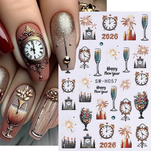 1Pcs 2026 New Year Nail Sticker  Pattern Nail Sparkle Powder Lanterns Fireworks Clock Decals Stickers Slider Nail Sticker