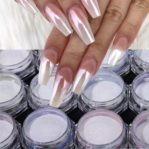 1Set 12 Color Pearls White Nail Pigment Glitter Aurora Nail Powder Purple Chrome Glitter Pigment Dust UV Manicure Dip Powder Nail Decoration