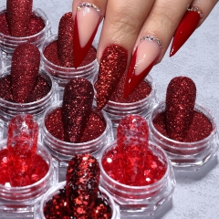 1Set 12 Different Styles New Year Red Nail Powder Glitters Iridescent Nail Art Dust Sparkle Gel Polish Flakes For Manicures Nail Art Decorations