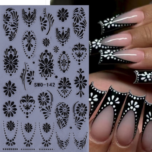 1Pcs 3D Bohemian Style Nail Stickers Black White Flower Petals Line Self-Adhesive Boho Nail Decals DIY Manicure Sliders Decoration Nail Sticker