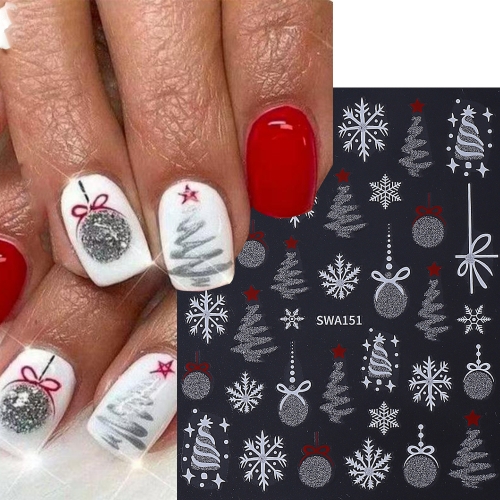1Pcs Flash Silver Christmas Nail Art Stickers Xmas Tree Lamp Ball Elk Lace Snowflake Adhesive Nail Decals DIY Manicure Decoration Nail Sticker