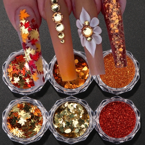 6jars/set Golden Maple Leaves Sequins for Nails Shiny Yellow Red Sugar Nail Powder Autumn Winter Resin Flakes Charm Nail Decor