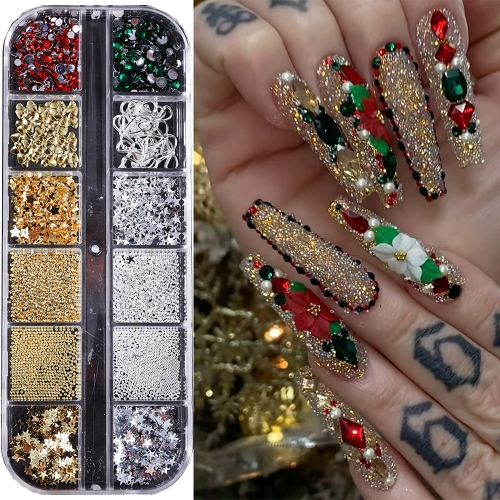 1Box 3D Gold Winter Christmas Nail Charms Mixed Golden Silvery Mini Caviar Beads and Flat-bottomed Diamond Nail Jewlery Decoration