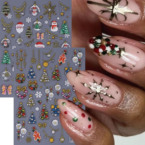 New Christmas Nail Art Decoration 5D Santa Claus Christmas Tree Lantern Ball Gingerbread Man Nail Stickers Laser Bronzing Snowflake Stickers For Nail 