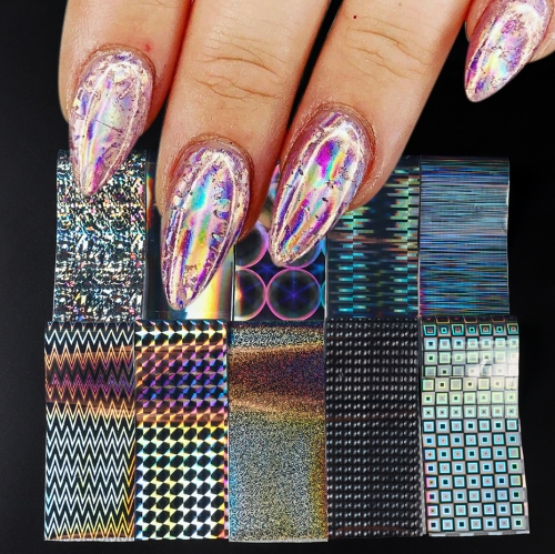 10pcs/set Holographic Nail Foil Transfer Nail Art Foils Stickers Irridescent Rainbow Star Geometric Aurora Laser Nail Art Decoration