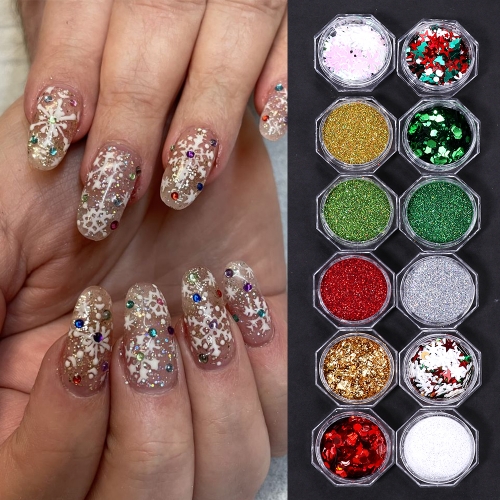 12Jars/set Christmas Mix Sequins for Nails Shiny Yellow Red Sugar Nail Powder Winter Color Resin Flakes Charm Nail Decoration