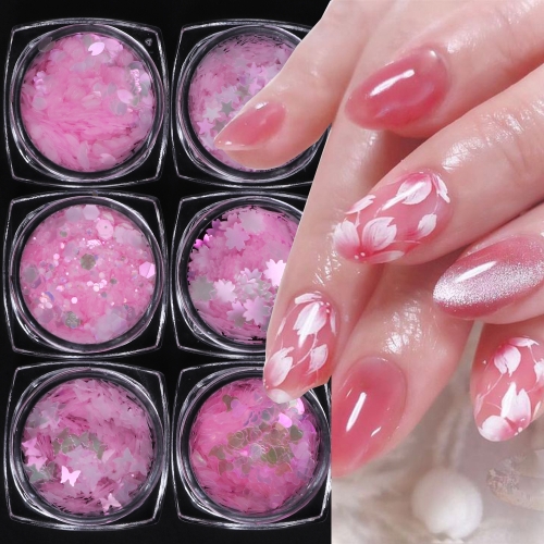 6bottles / 6grids Pink Decor Tips Cherry Blossoms Butterflies Hearts Nails Sequins Glitters Metal Slices Party Nail Decoration