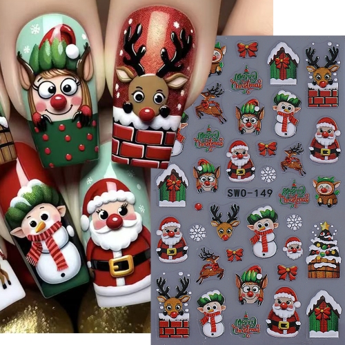 1Pcs Embossed Christmas Nail Stickers 3D Cute Snowman Elk Elf Bow Nail Decals Winter Santa Claus Manicure Decoration Supplies Nail Sticker