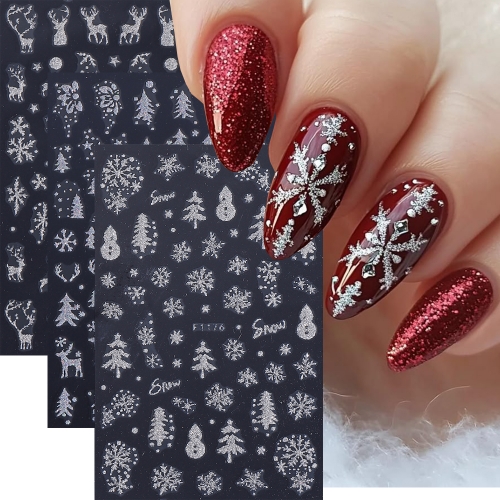 1Pcs Silvery Glitter Leaf Nail Art Stickers Shinny  Trees Snowflake Sliders Japanese Winter Y2K Leaves Nail Sticker