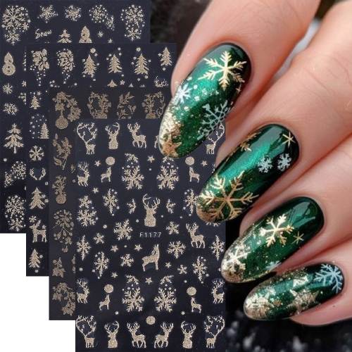 1Pcs 3D Winter Golden Christmas Nail Art Stickers Snowflakes Reindeer Leaves Flowers of Autumn Self-Adhesive Nail Sticker