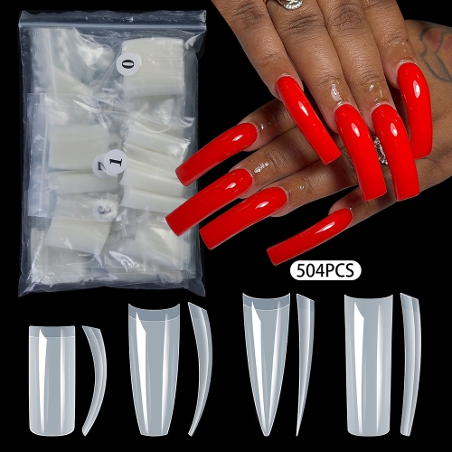 504Pcs/Bag Extra Long Cowboy Flat Crop Professional Acrylic Nail Art Tips Artificial French Half Cover Fashion Coffin False Nail Tool