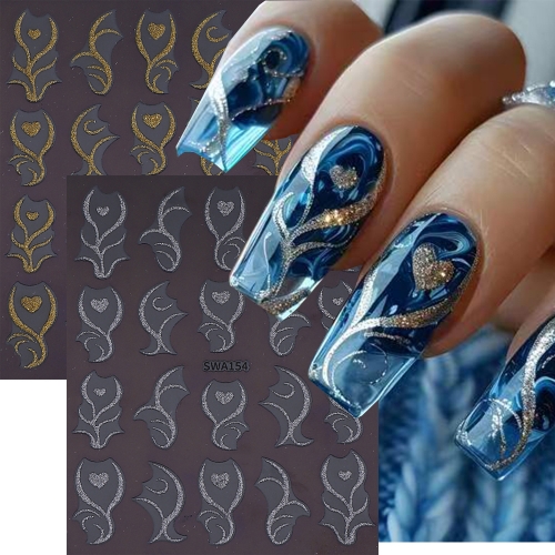 1Pcs Glitter Gold Silver Love Heart Nail Stickers Valentine's Day French Lines Love Star Adhesive Nail Decals DIY Manicure Decoration Nail Sticker