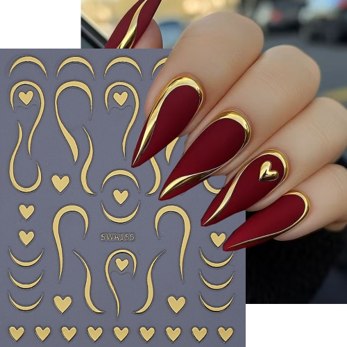 1Pcs Golden Silvery Nail Stickers 3D Bronzing Lines Love Heart French Design Nail Decals DIY Adhesive Sliders Manicure Nail Sticker