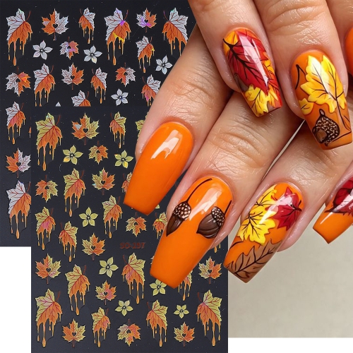 1Pcs Autumn Winter Maple Leaf Laser Nail Stickers 3D Gradient Fallen Leaves Petals Design Self-Adhesive Nail Decal Manicure Decoration Nail Sticker