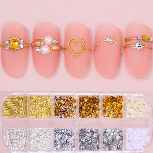 1Box Artificial Simulated Mix Mini Metal Bead Pearl Nail Charms 3D Multiple Colors Flat Bottomed Pearl Nail Art Decorations for DIY Nail Decoration