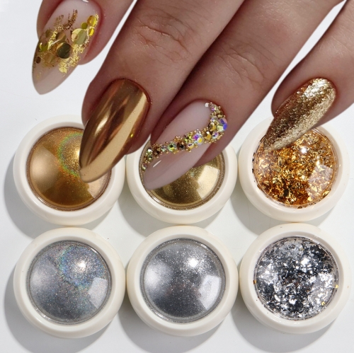 6jars/set Laser Magic Mirror Glitter Chrome Nail Powder Gold Silver Nail Art Rubbing Dust Japanese Metallic Nail Foil Accessories