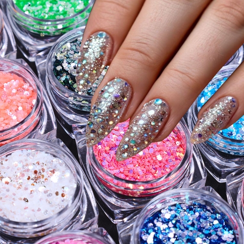 1Set 12 Colors Irregular Glitter Gel Mermaid Scale Sequin Long-Lasting Glitter Eyeshadow Polarizing INS Style Nail Decoration
