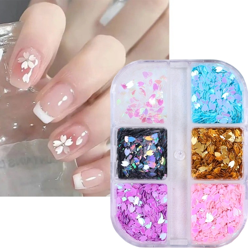 1Box / 6jars/set Pink Sakura Nail Art Flake  Shiny Golden Nail Flower Sequin Nail Charms Manicure Accessories Nail Decoration