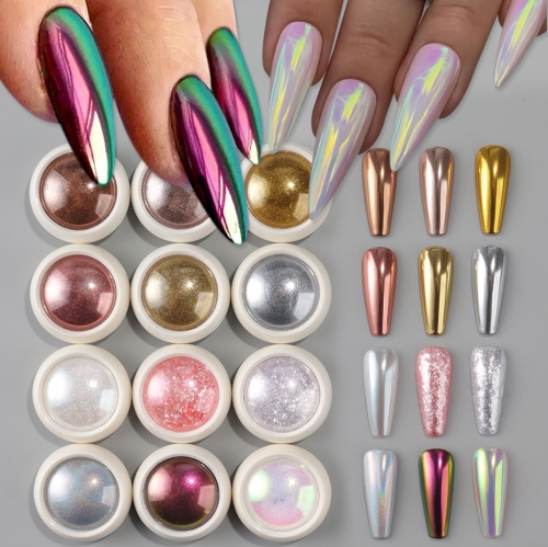 12jars/set or 2jars/set Chrome Nail Powder Set Glitter Mirror Effect Nail Art Design 3D Holographic Aurora Rainbow Dust Nail Powder White Chrom