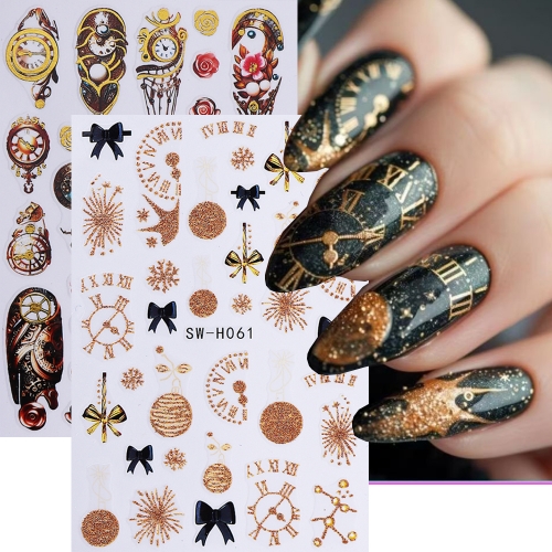 1Pcs Cartoon Golden Nail Sticker 3D Flower Clock Fireworks Design Adhesive Nail Decal DIY Manicure Slider Decoration Nail Sticker