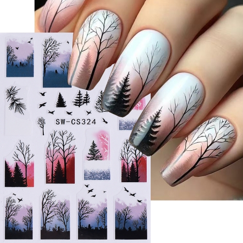 1Pcs 3D Nail Sticker Birds Forest Lantern Fairy Colored Lights Branch Design Long Almond False Glossy Christmas on For Fashion Women Nail Sticker