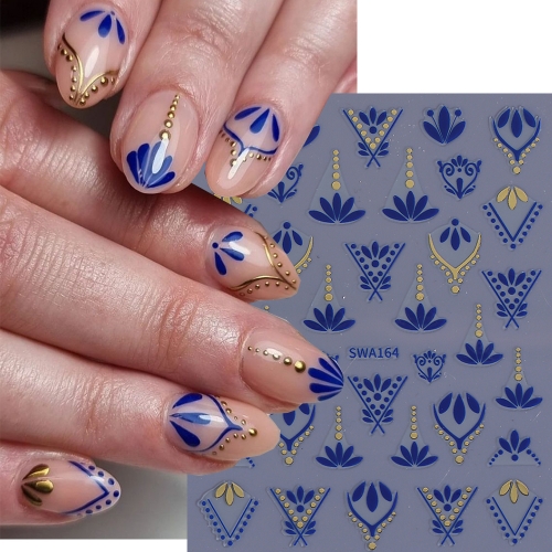 1Pcs Bohemian Style Nail Stickers Gold Silver Blue Flower Petals Line Self-Adhesive Boho Nail Decals DIY Manicure Sliders Nail Sticker