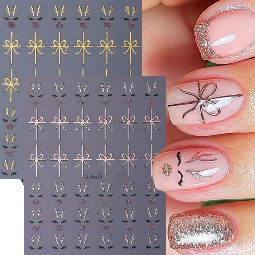 1Pcs Golden Bowknot Ribbon Nail Stickers Christmas Elk Bow Tie Design Self-Adhesive Nail Art Decals DIY Manicure Supplies Nail Sticker