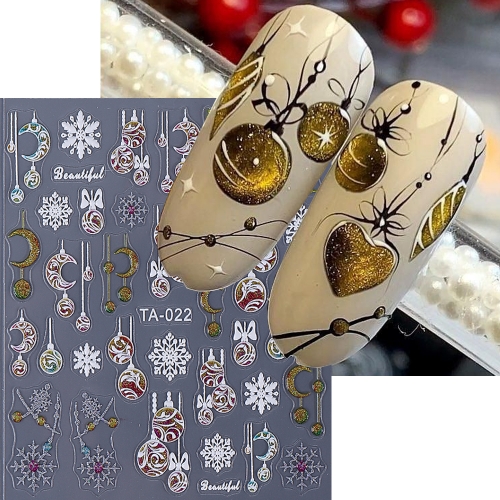 1Pcs 5D Embossed Winter Snowflakes Nail Stickers Winter Bow Lamp Ball Xmas Tree Antler Nail Decals Sliders Manicure Decoration Nail Sticker