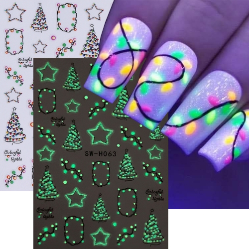 1Pcs 3D Christmas Luminous Nail Stickers for Christmas Eve Glitter Star Coloured Lamp Snowflakefor Women Festival Nail Sticker