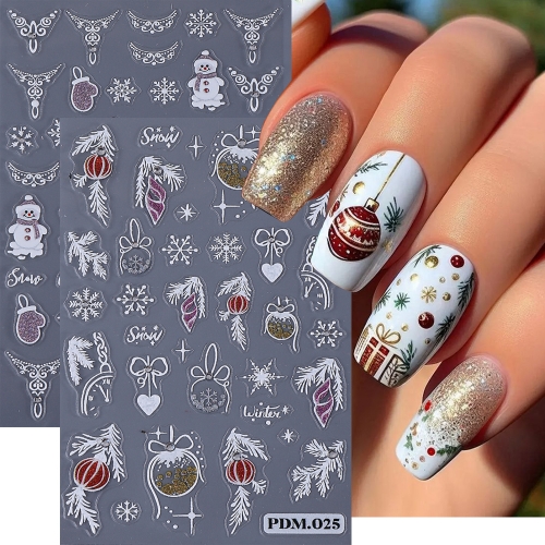 1Pcs Christmas 5D Glitter Embossed Nail Art Sticker Christmas Winter Snowman Santa Claus Snowflake Feather-made Lamp Ball Slider DIY Manicure Sticker