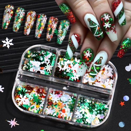 1box Christmas Snowflake Nail Glitter Sequins Shiny Snowflake Christmas tree Nail Flakes For DIY Winter Xmas Nail Decoration