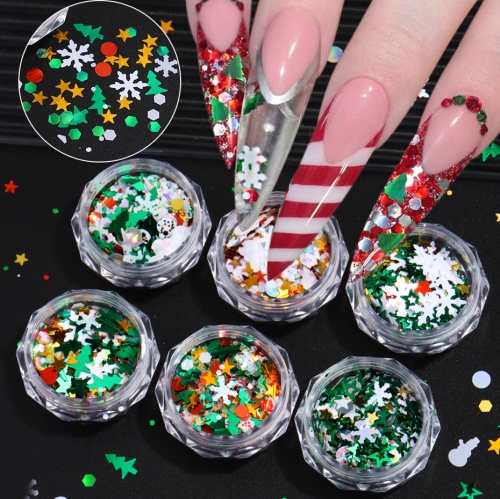 6jars/set Sparkle Christmas Nail Art Flake Kawaii Snowflake Trees Stars Korean Sequin Charms X-mas Snowman Festival Manicure Decor
