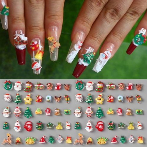 50pcs/bag or 100pcs/bag Cute Snowman Santa Claus Nail Art Decorations Christmas Ornament Candy Cane Snow Globe Design Nail Jewelry Manicure Accessorie