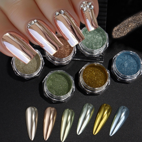 6colors/set Magic Mirror Chrome Nail Powder Holographic Laser Silvery Golden Nail Glitter Pigment Shinny Modeling Powder